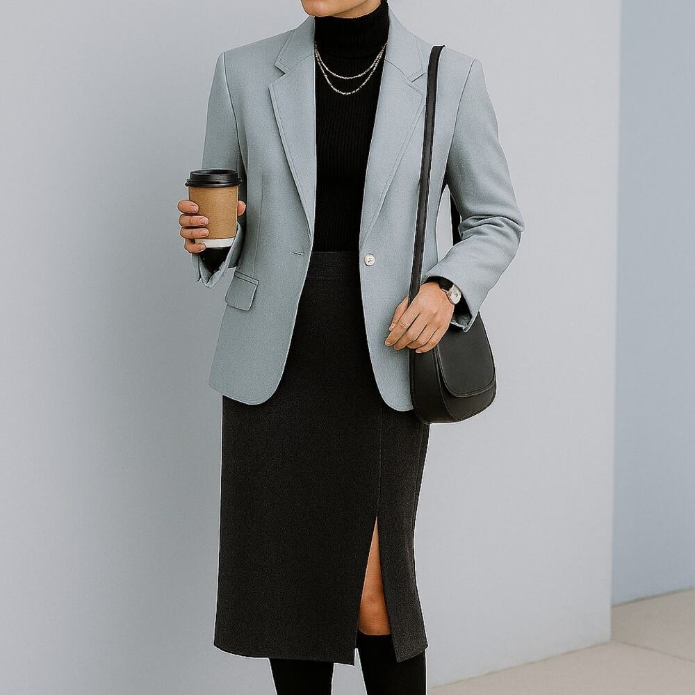 Vintage Lands End Wool Cashmere Blazer Jacket Blue Gray Women M/L Classic Office